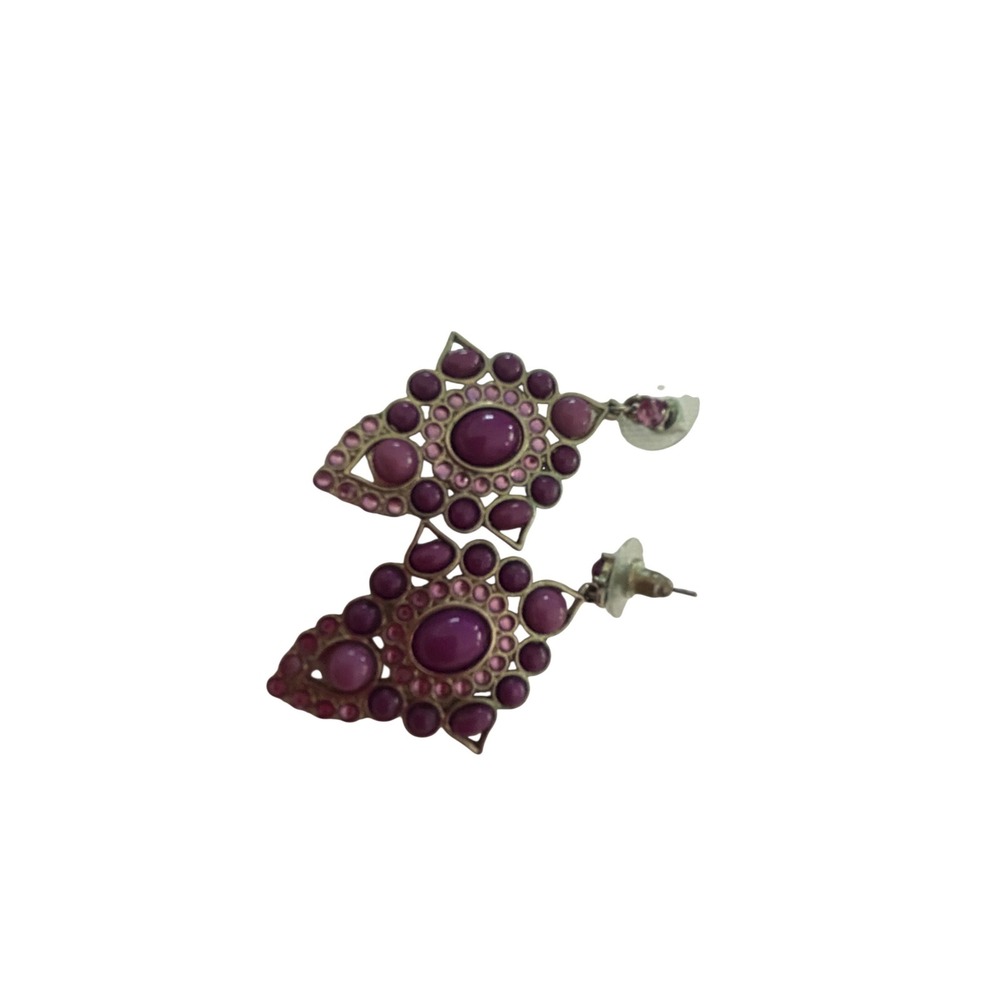 Purple Cabochon Rhinestone Silver Tone Boho Drop Statement Earrings Post Back‎